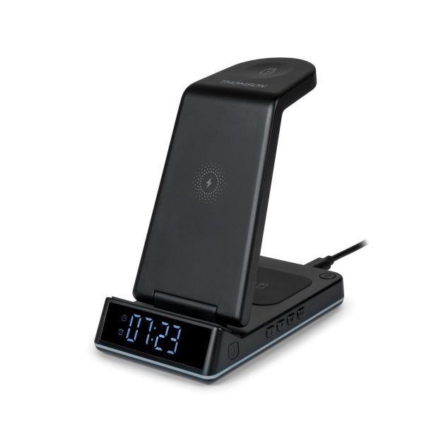 294512_1 Thomson Reloj Despertador con Estacion de Carga Inalambrica para Smartphone, iWatch y Auriculares - Pantalla LCD - Luz de Noche - Color Negro - Imagen 1