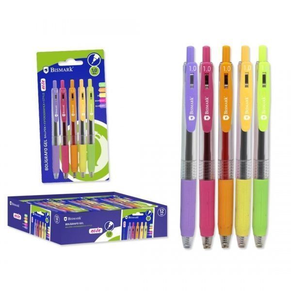 297757_1 Bismark Pack de 5 Boligrafos Retractiles Tinta Gel - Punta 1.0mm - Escritura Suave - Colores Neon Surtidos - Imagen 1