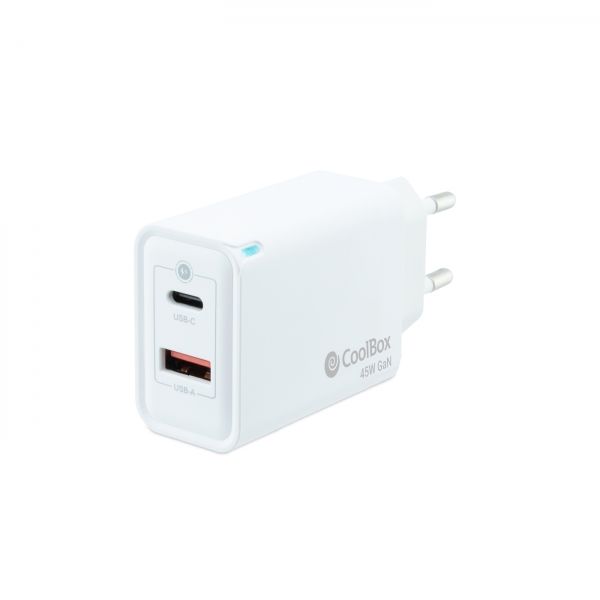 298427_1 Coolbox Cargador de Pared 45W QC3.0 + PD - USB-A + USB-C - Carga Rapida - Tecnología GaN - Color Blanco - Imagen 1