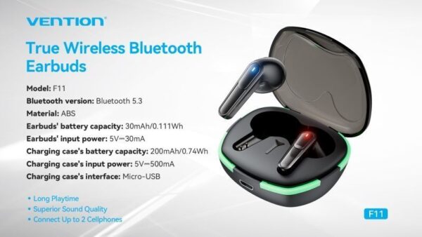 Vention AirBuds Bluetooth 5.3 - Material ABS - Bateria AirBuds 30mAh - Estuche de Carga 200mAh - Micro-USB - Color Negro - Imagen 3