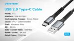 Vention Cable de Datos - USB 2.0 a USB-C - Aluminio - 480Mbps - 3A, 15W - Color Negro - Imagen 3