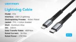 Vention Cable de Carga Lightning/USB-C - Velocidad 480Mbps - Material Aluminio/PVC - Potencia 60W - Color Negro - Imagen 3