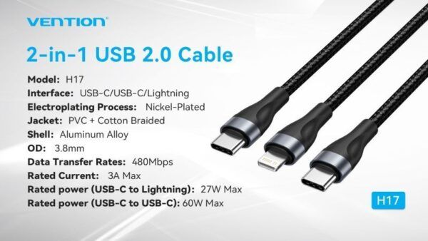 Vention Cable de Carga USB-C a USB-C y Lightning - 480Mbps - Aluminio/PVC - 3A/27W/60W - Color Negro - Imagen 3