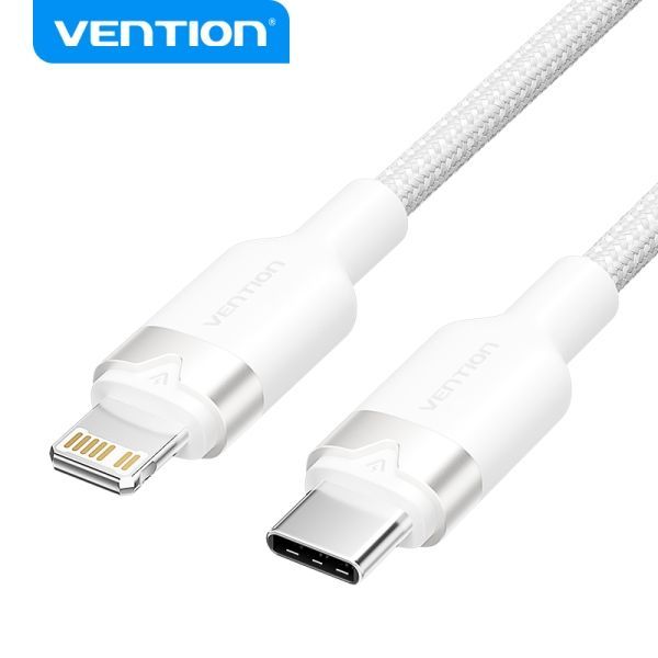 299772_1 Vention Cable de Carga USB-C/Lightning - Aluminio Trenzado - 480Mbps - 3A - 27W Max - Color Blanco - Imagen 1