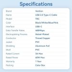 Vention CableTech Conexion USB - Niquelado - 60W - 3A - Color Rosa - Imagen 5