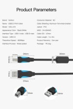 Vention Cable USB 2.0 Impresoras - Transmision 480 Mbps - Recubrimiento Aluminio y Trenza Metalica - Carcasa PVC - AWG 24+28 - Color Negro - Imagen 5