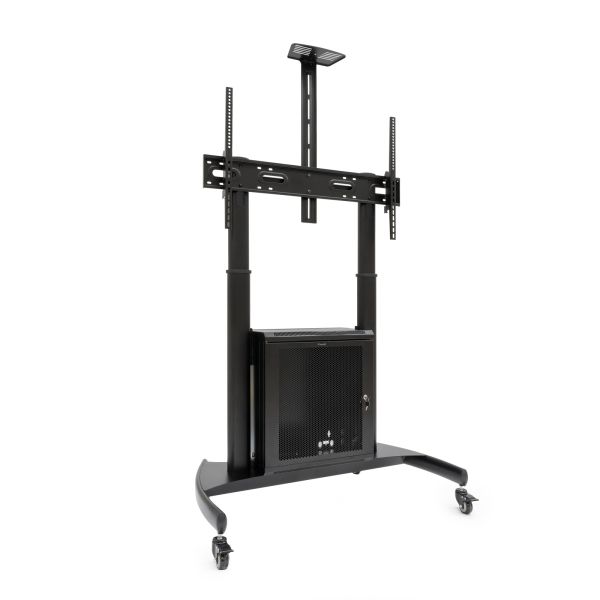 300097_1 Tooq Narnia Soporte de Suelo con Ruedas para Pantallas de 60-100" - Armario Inferior y Bandeja Superior Regulable para Webcam - Ruedas con Sistema de Bloqueo - Peso Max 100kg - VESA Max 1000x600 - Color Negro - Imagen 1