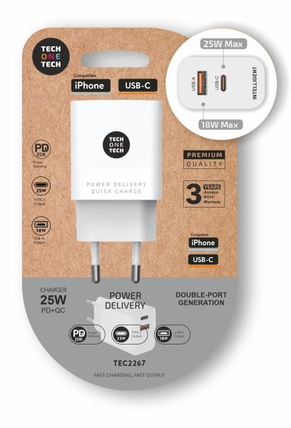 300352_1 TechOneTech Cargador de Pared PD + QC 25W 1 Puerto USB-C 3A + 1 Puerto USB-A - Imagen 1