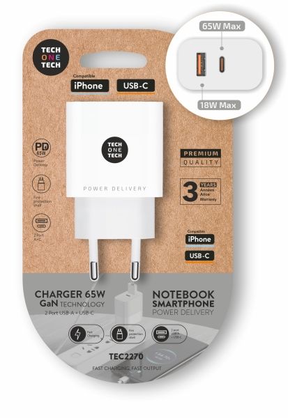 302142_1 TechOneTech Cargador de Pared PD 65W con 1 Puerto USB-C + 1 Puerto USB-A - Imagen 1