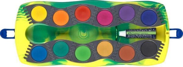 Faber-Castell Connector Dinosaurio Pack de 12 Acuarelas en Pastilla + Pintura Blanca Opaca + Pegatinas - Gran Opacidad - Facilmente Mezclables - Colores Surtidos - Imagen 3