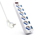 Ewent Regleta de Energia - 6 enchufes - Version Schuko - 16A con Interruptor de Encendido/Apagado en cada Puerto - Protector contra Sobretensiones - Cable de 5m - Color Blanco