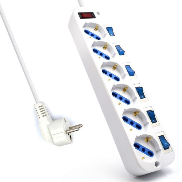 308083_1 Ewent Regleta de Energia - 6 enchufes - Version Schuko - 16A con Interruptor de Encendido/Apagado en cada Puerto - Protector contra Sobretensiones - Cable de 5m - Color Blanco - Imagen 1