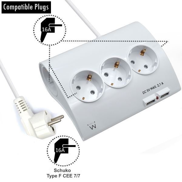 308088_1 Ewent Regleta de Energia - 5 enchufes - Version Schuko - 16A - 2 Puertos USB - Cable de 1.5m - Color Blanco - Imagen 1