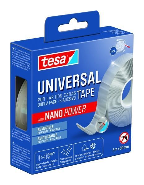 308358_1 Tesa Cinta Universal de Doble Cara con Nano Power 30mm x 3 Metros - Soporta Cargas Pesadas - Puede Retirarse sin Dejar Residuos - Reutilizable - Para Interiores y Exteriores - Transparente - Imagen 1
