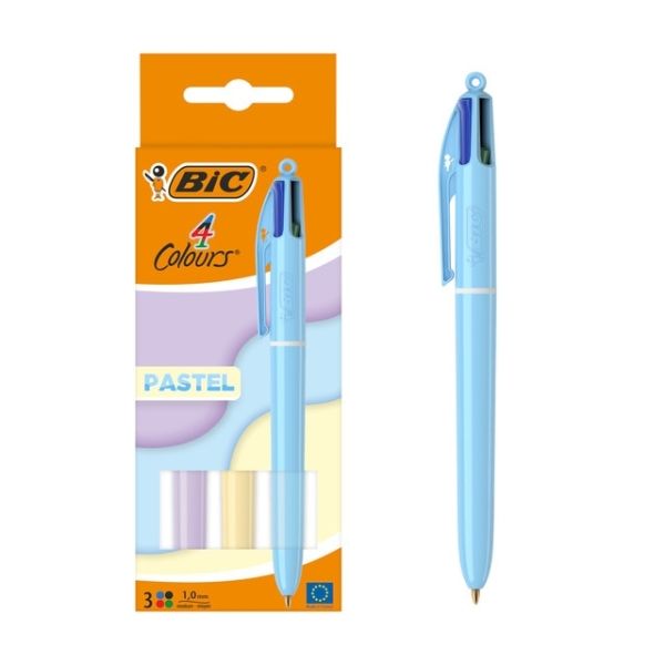 308958_1 Bic 4 Colours Pastel Pack de 3 Boligrafos de Bola Retractil - Punta Media de 1.0mm - Tinta con Base de Aceite - Cuerpo en Colores Pastel - 4 Colores - Imagen 1