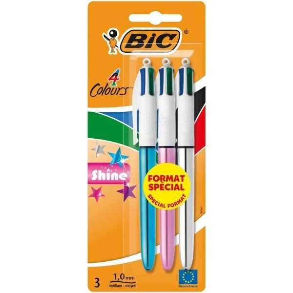 309248_1 Bic 4 Colours Shine Pack de 3 Boligrafos de Bola Retractil - Punta de 1mm - Trazo de 0.4mm - Tinta con Base de Aceite - Cuerpo Oro/Blanco - 4 Colores - Imagen 1