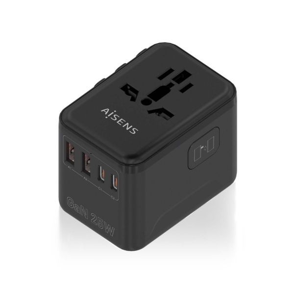 309513_1 Aisens Adaptador de Viaje Universal GaN 25W - 2xUSB-A QC3.0, 2xUSB-C PD3.0 - Color Negro - Imagen 1