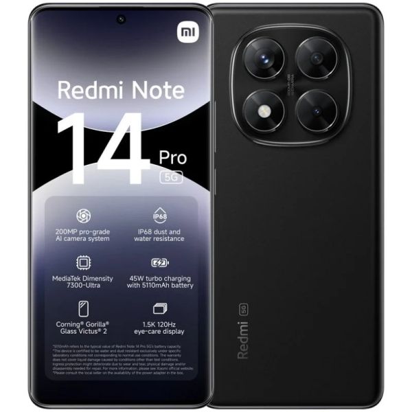 311398_1 Xiaomi Redmi Note 14 Pro 5G Smartphone Pantalla AMOLED 6.67" - 8GB - 256GB - Camara Principal 200MP - Bateria 5110mAh - HyperCharge 45W - Color Negro - Imagen 1